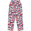 Nickel City Buffalo camo jogger sweatpants from the back, showcasing the relaxed fit and original red blue and grey camouflage design.