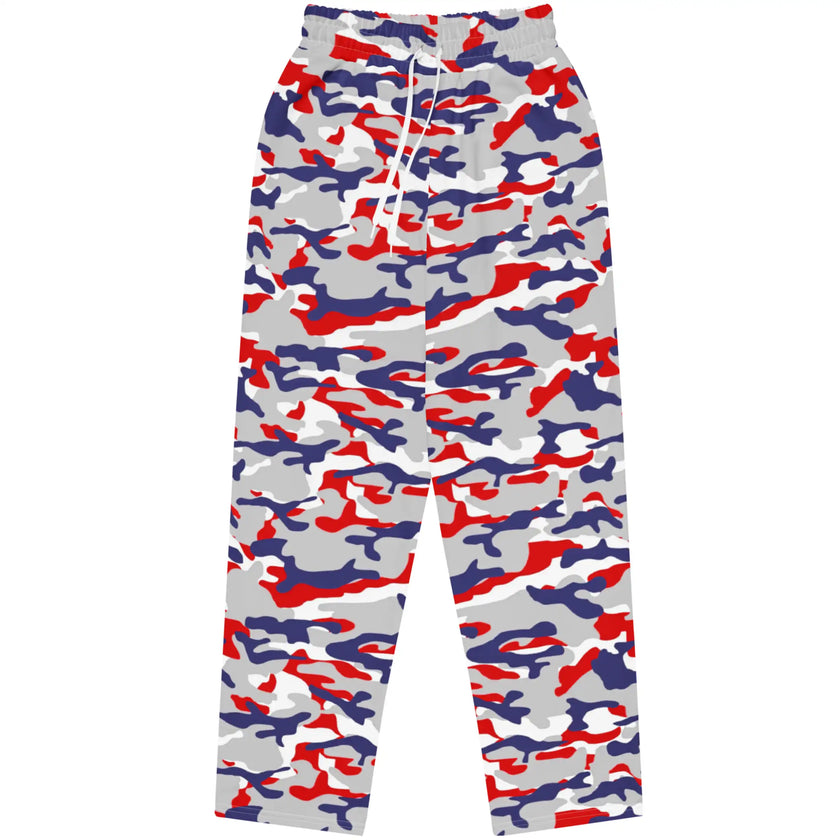 Flat lay of Nickel City Buffalo camouflage joggers showcasing the original red blue and grey pattern, comfortable unisex sweatpants with a bold Buffalo streetwear style.