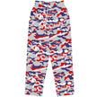 Flat lay of Nickel City Buffalo camouflage joggers showcasing the original red blue and grey pattern, comfortable unisex sweatpants with a bold Buffalo streetwear style.