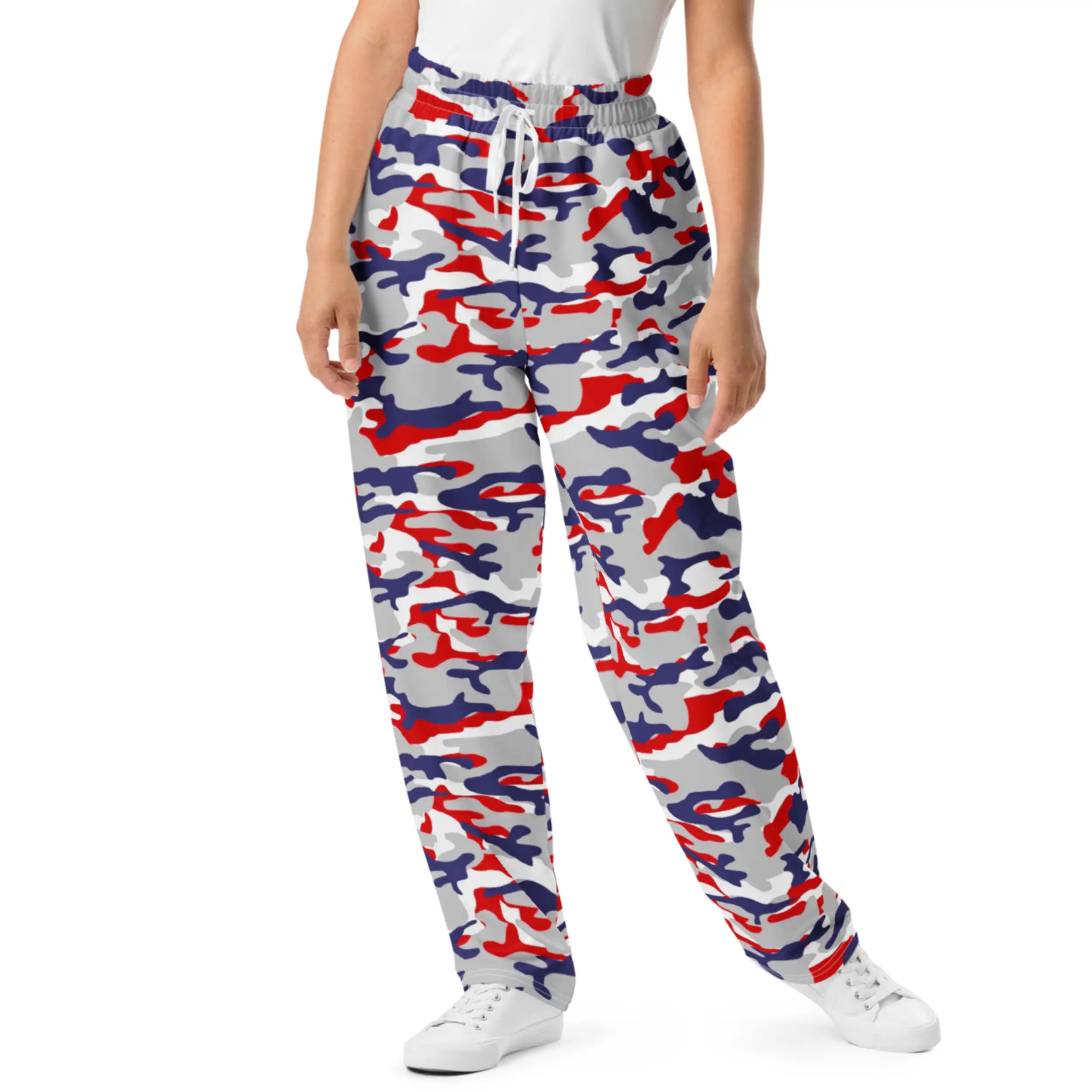 Nickel City Buffalo jogger sweatpants featuring a bold red blue and grey camouflage pattern, unisex game day apparel designed for lounging, running errands, and everyday wear.