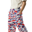 Left side view of Buffalo Nickel City camouflage sweats featuring the unique Nickel City design and bold red blue and grey pattern for game day or casual wear.