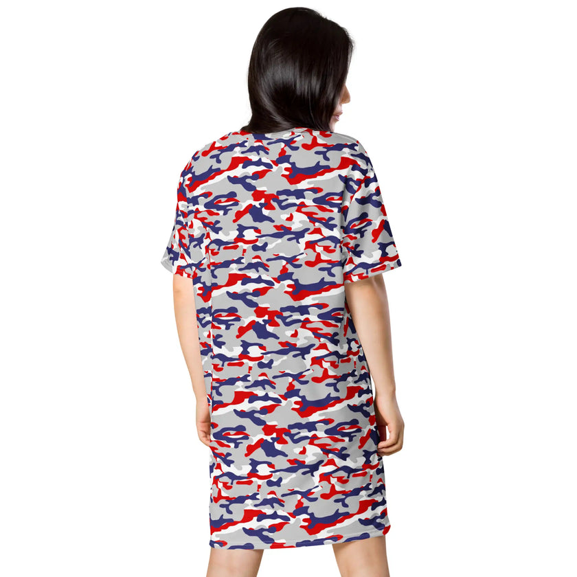 Back view of a Nickel City Buffalo camo t-shirt dress showcasing the signature red blue and grey camouflage design in a relaxed oversized silhouette.