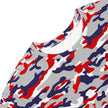 Close-up of the original Nickel City Buffalo camouflage pattern featuring bold red blue and grey tones on a comfortable oversized t-shirt dress.