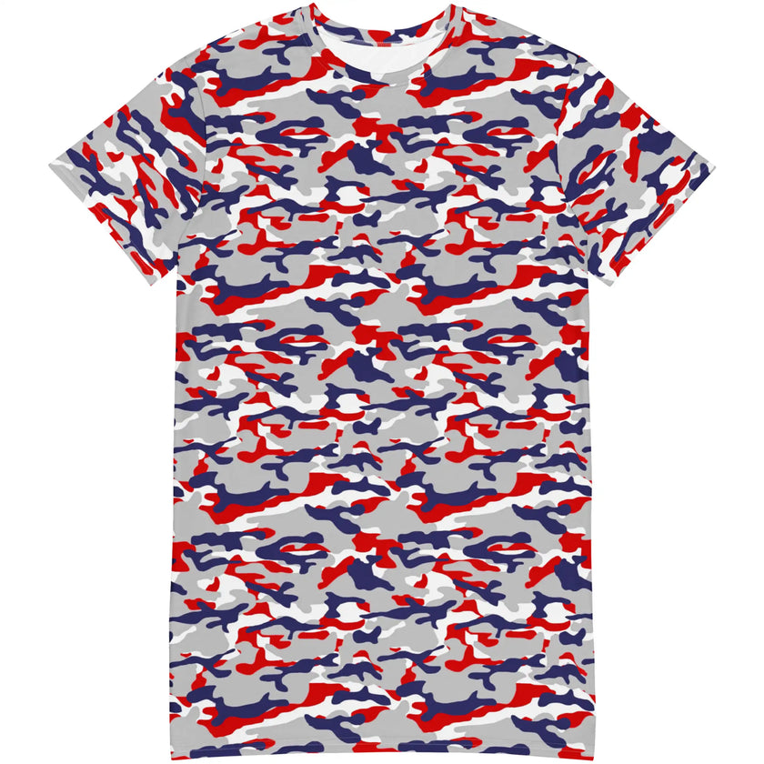 Flat lay of Buffalo camouflage t-shirt dress displaying the original Nickel City red blue and grey camo pattern, unique casual fashion inspired by Buffalo NY.