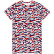 Flat lay of Buffalo camouflage t-shirt dress displaying the original Nickel City red blue and grey camo pattern, unique casual fashion inspired by Buffalo NY.
