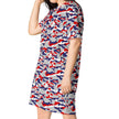 Left side view of a Buffalo camo t-shirt dress featuring the signature Nickel City red blue and grey camouflage print, stylish everyday Buffalo fashion.