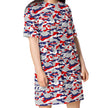 Right side view of the Nickel City Buffalo camouflage t-shirt dress showcasing the original red blue and grey camo design with relaxed oversized comfort.