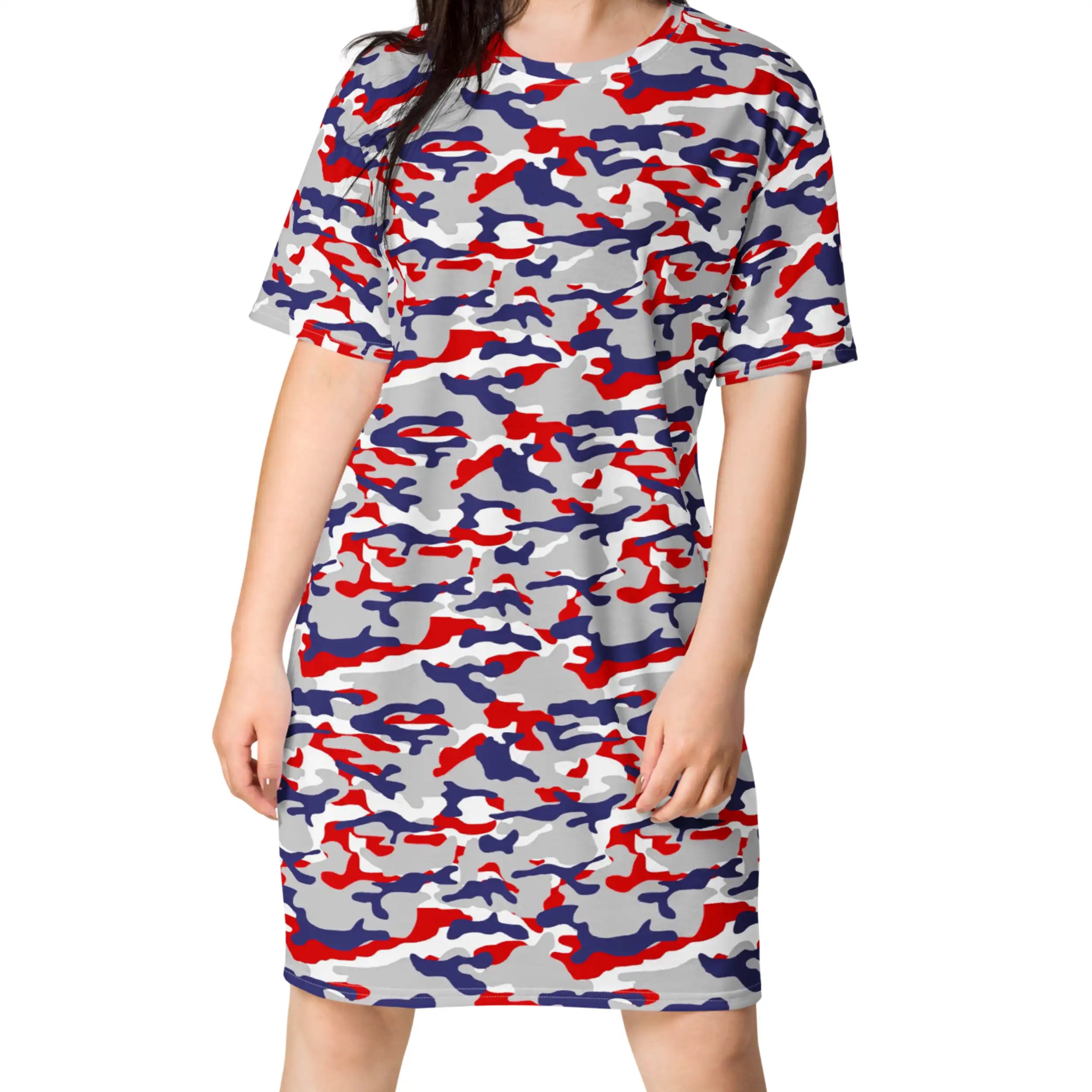 Buffalo camouflage t-shirt dress featuring the original Nickel City red blue and grey camo pattern, bold casual Buffalo apparel with standout everyday style.