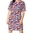 Buffalo camouflage t-shirt dress featuring the original Nickel City red blue and grey camo pattern, bold casual Buffalo apparel with standout everyday style.