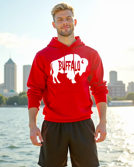 Male model standing on the downtown Buffalo waterfront wearing a red Buffalo silhouette hoodie and black shorts, showcasing modern Buffalo city pride apparel.