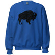 Blue Buffalo hometown sweatshirt with a large black distressed buffalo graphic, casual fan apparel for showing pride in Buffalo NY.