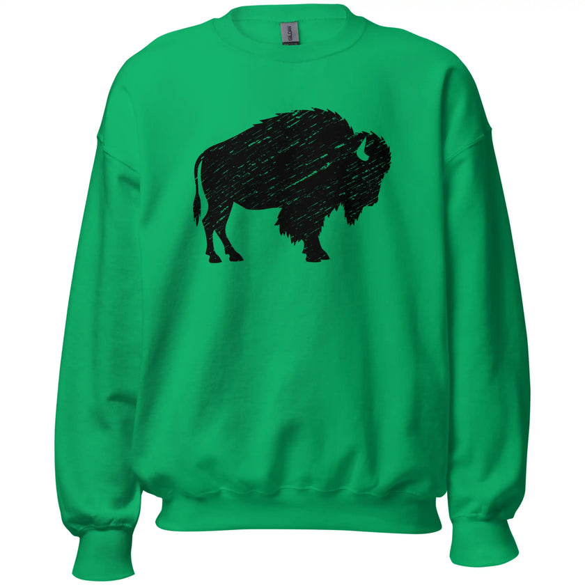 Green Buffalo NY sweatshirt showcasing a bold distressed black buffalo graphic, distinctive hometown pride apparel for everyday Buffalo style.