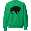 Green Buffalo NY sweatshirt showcasing a bold distressed black buffalo graphic, distinctive hometown pride apparel for everyday Buffalo style.
