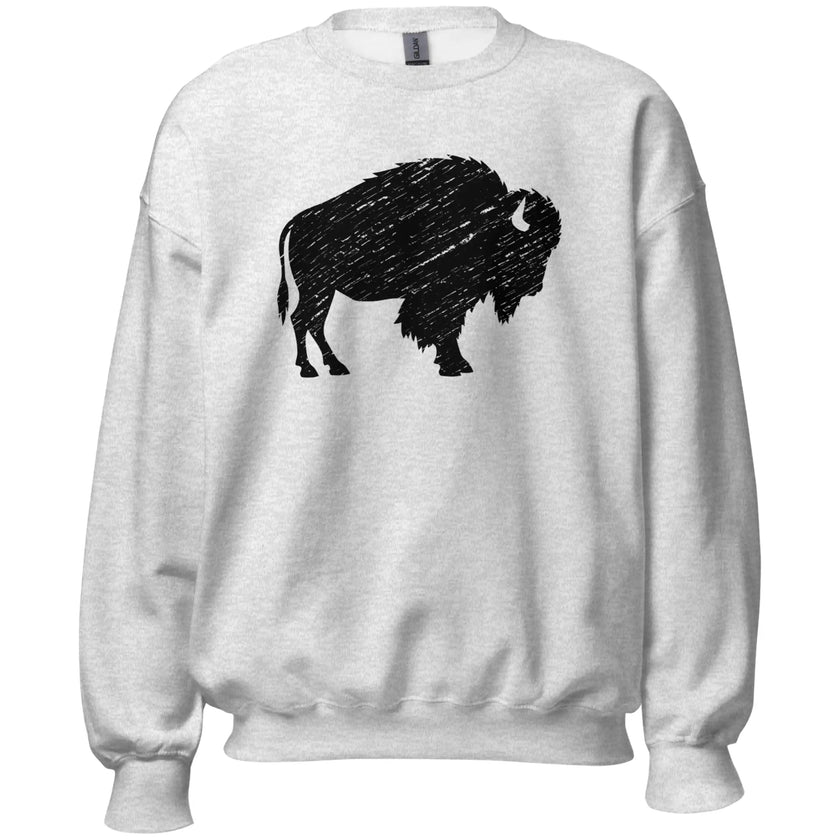 Grey Buffalo NY sweatshirt showcasing a large distressed black buffalo silhouette, versatile hometown pride apparel for everyday wear.