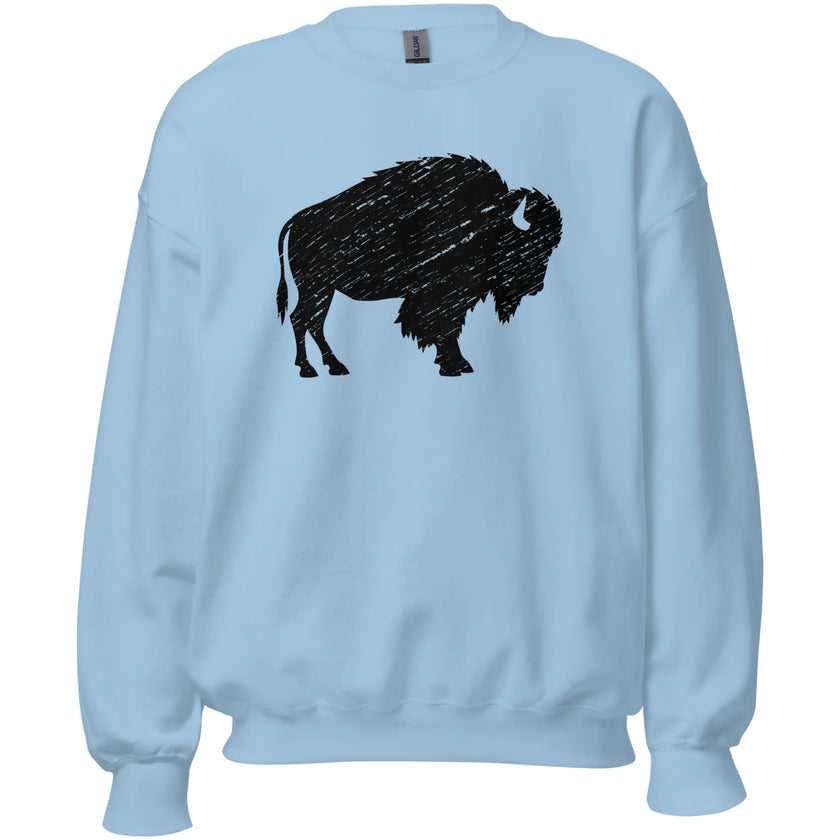 Light blue Buffalo NY sweatshirt with a large distressed black buffalo graphic, relaxed hometown apparel with a soft casual style.