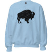 Light blue Buffalo NY sweatshirt with a large distressed black buffalo graphic, relaxed hometown apparel with a soft casual style.