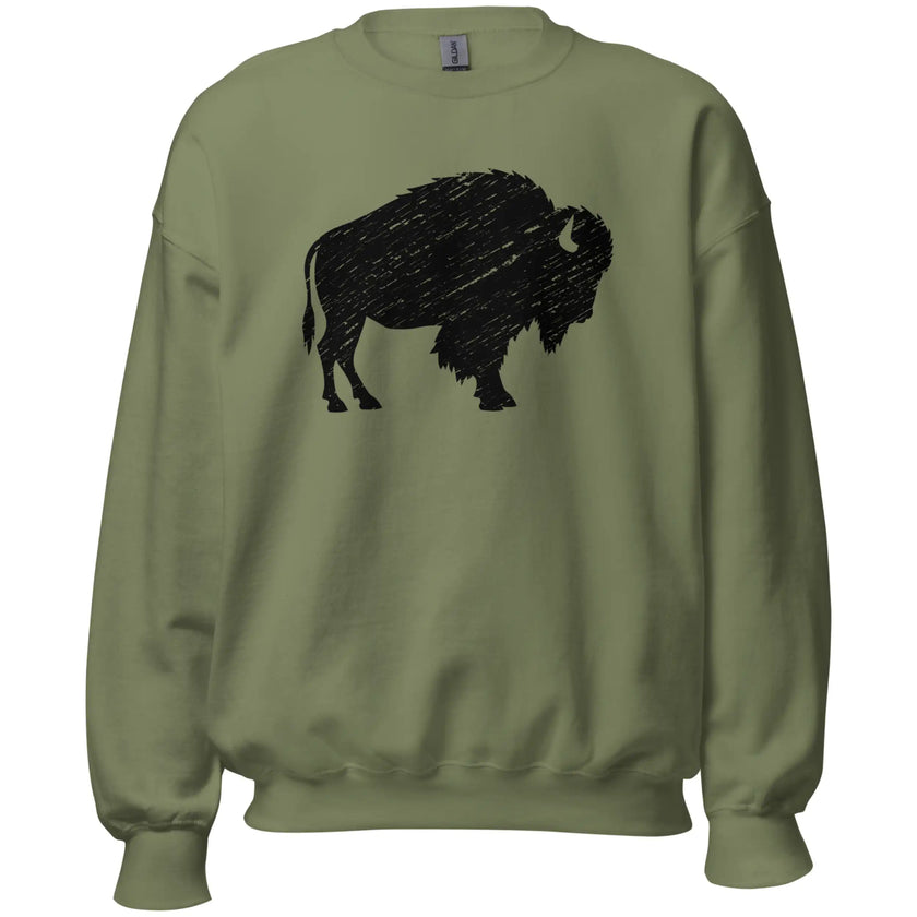Olive green Buffalo hometown sweatshirt featuring a large black distressed buffalo silhouette, unique casual apparel for showing Buffalo NY pride.