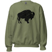 Olive green Buffalo hometown sweatshirt featuring a large black distressed buffalo silhouette, unique casual apparel for showing Buffalo NY pride.