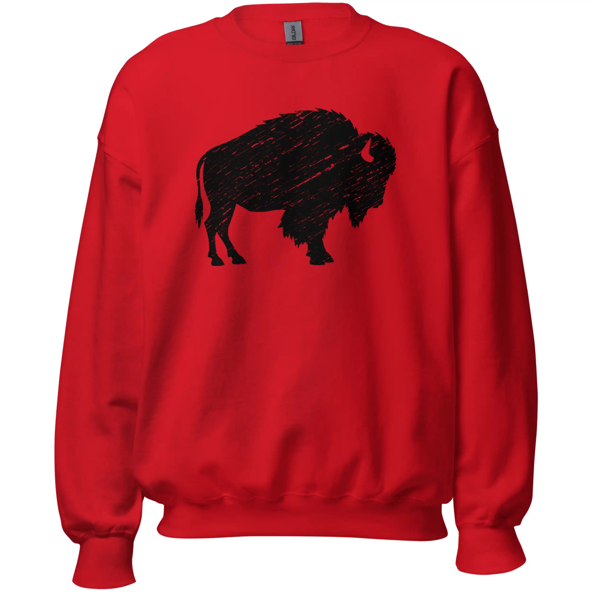 Red Buffalo NY sweatshirt featuring a large black distressed buffalo silhouette, bold hometown pride apparel with a classic Buffalo-inspired look.