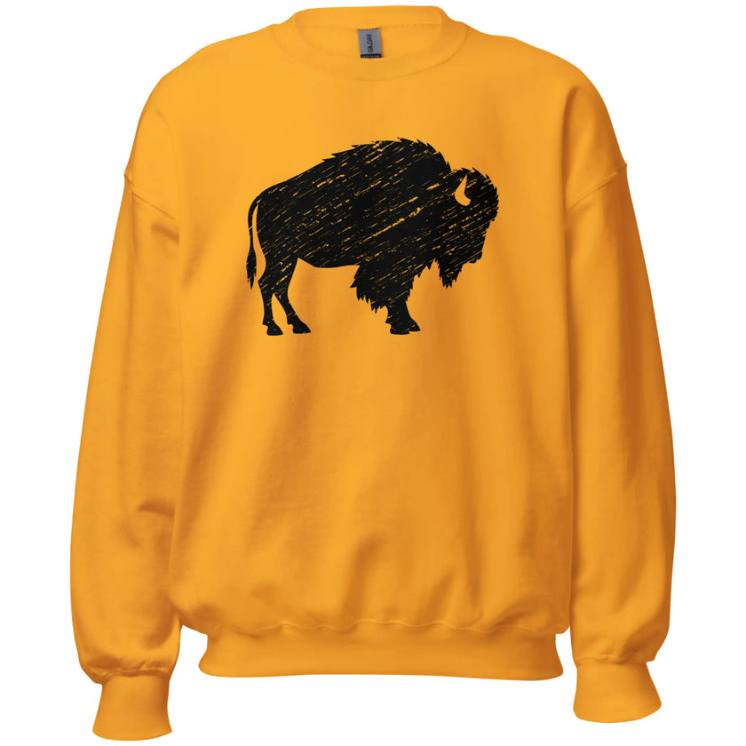 Gold Buffalo pride sweatshirt featuring a bold black distressed buffalo silhouette, standout Buffalo NY hometown apparel with a warm vintage-inspired look.