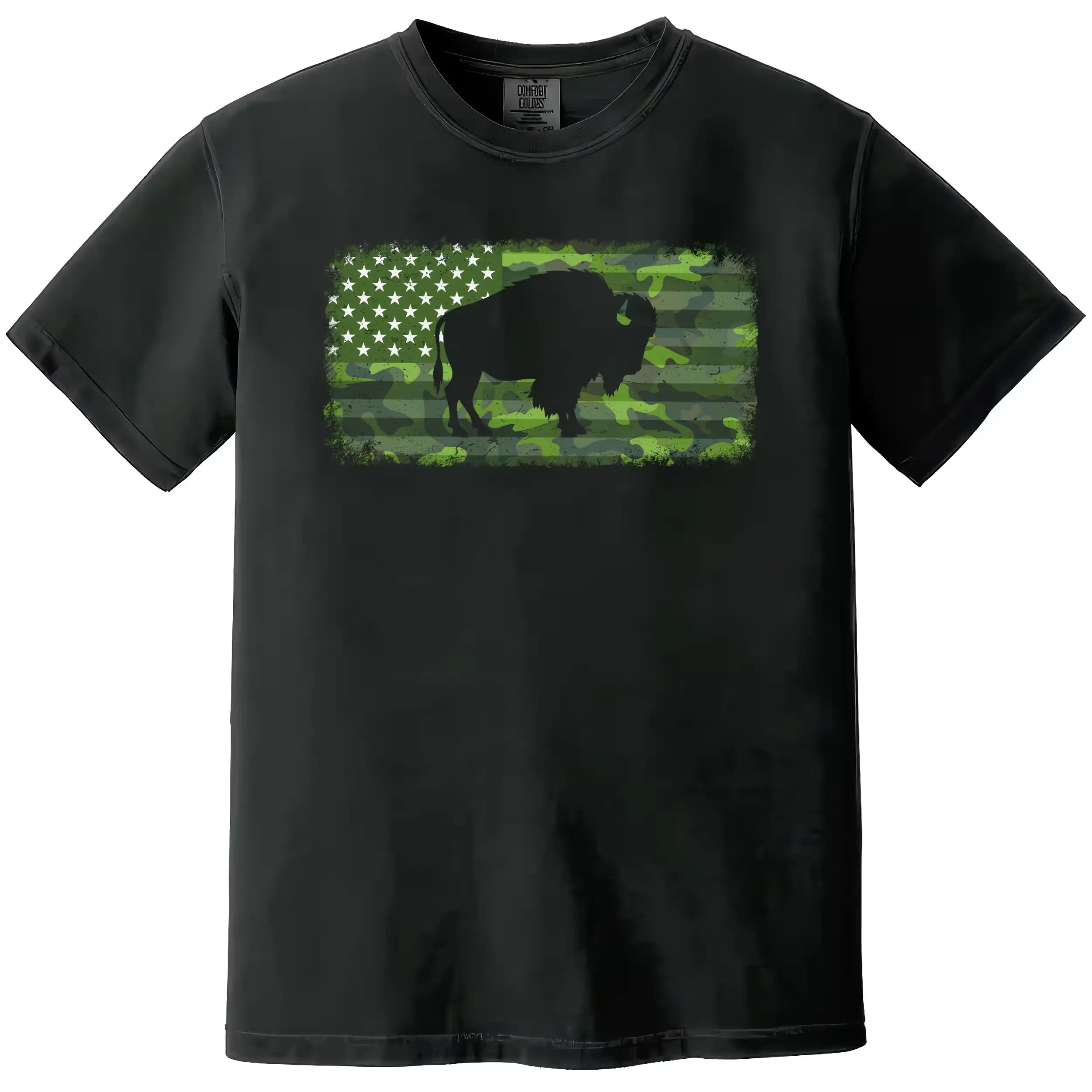 Buffalo camo flag t-shirt in black, green camouflage American flag with distressed edges and buffalo silhouette cutout design.