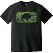 Buffalo camo flag t-shirt in black, green camouflage American flag with distressed edges and buffalo silhouette cutout design.