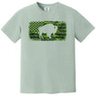 Buffalo camo t-shirt in green, distressed American flag graphic with buffalo silhouette cutout, patriotic outdoor style tee.