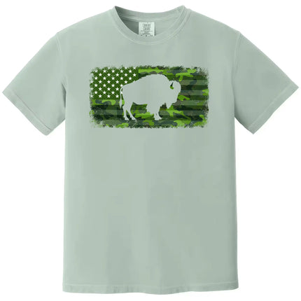 Buffalo camo t-shirt in green, distressed American flag graphic with buffalo silhouette cutout, patriotic outdoor style tee.