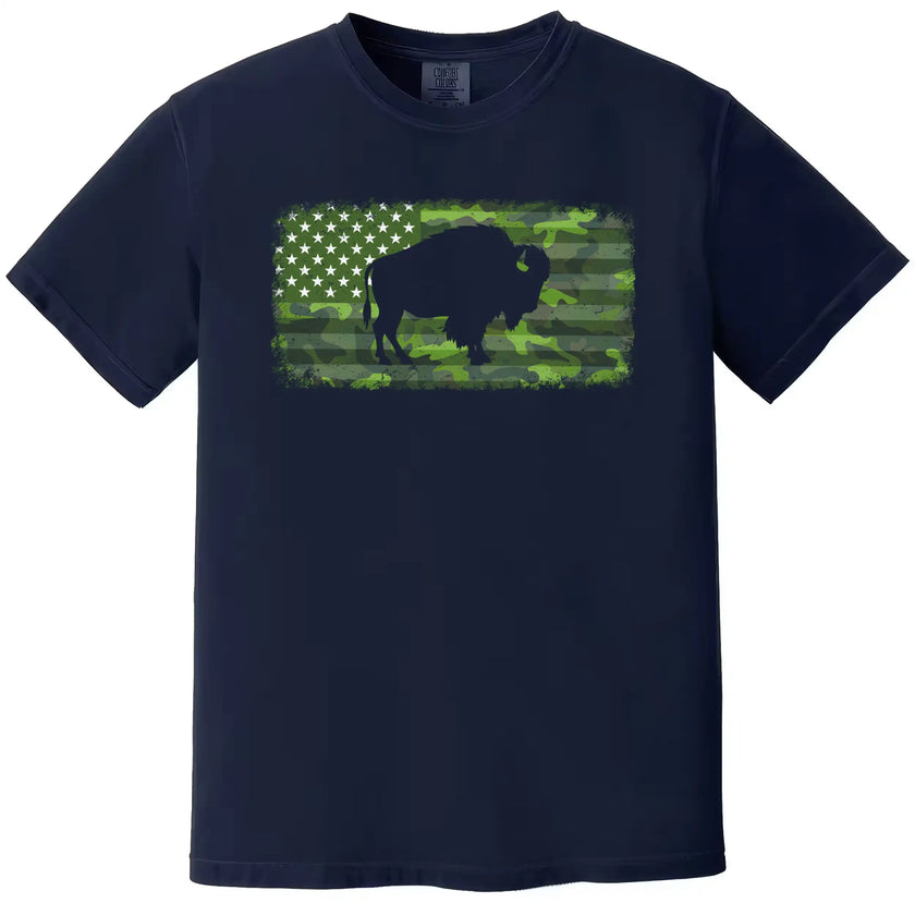 Patriotic Buffalo graphic tee in navy, camo American flag with distressed look and buffalo cutout, rugged style shirt.