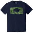 Patriotic Buffalo graphic tee in navy, camo American flag with distressed look and buffalo cutout, rugged style shirt.