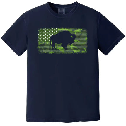 Patriotic Buffalo graphic tee in navy, camo American flag with distressed look and buffalo cutout, rugged style shirt.