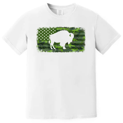 Buffalo American flag shirt in white, green camo flag with distressed edges and buffalo silhouette cutout design.