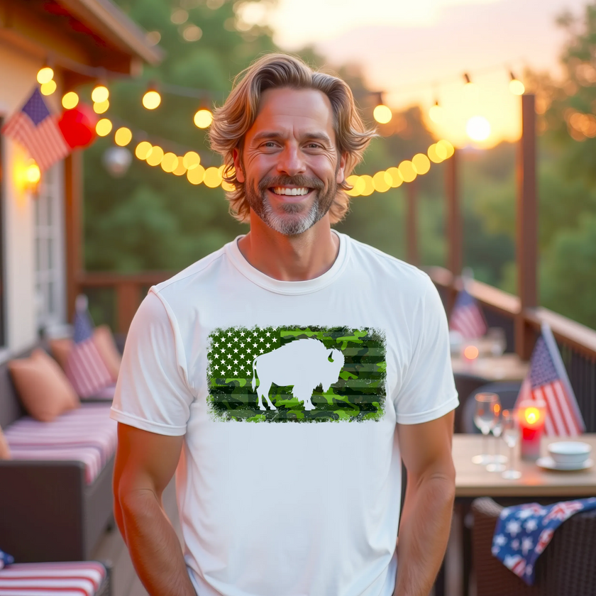Male model wearing white Buffalo camo flag t-shirt, green camouflage American flag with distressed edges and buffalo cutout, patriotic casual look.