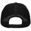 Back view of camouflage Buffalo NY trucker hat showing mesh backing and adjustable snapback closure design