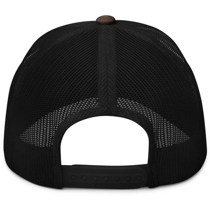 Back view of camouflage Buffalo NY trucker hat showing mesh backing and adjustable snapback closure design