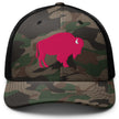 Camouflage snapback trucker hat featuring hot pink embroidered buffalo silhouette for Buffalo NY city pride and bold streetwear style.