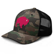 Left front angle view of camouflage snapback trucker hat with hot pink buffalo silhouette embroidery for Buffalo city pride.