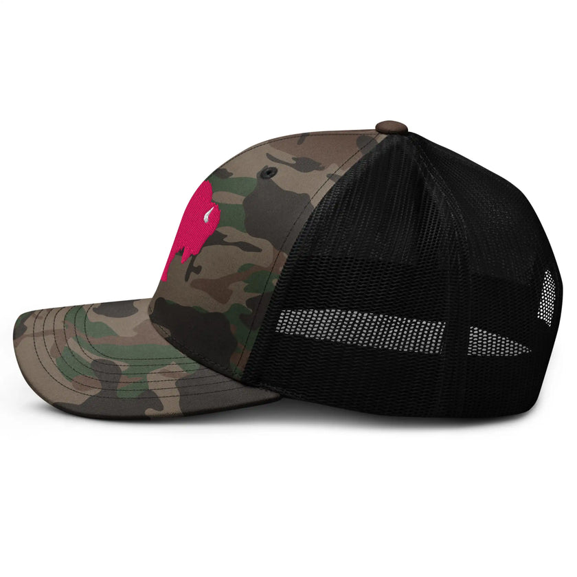 Left side view of camouflage Buffalo NY snapback trucker hat with hot pink buffalo silhouette embroidery and mesh back.