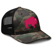 Right front angle view of camouflage Buffalo NY trucker hat featuring hot pink buffalo silhouette and adjustable snapback style.