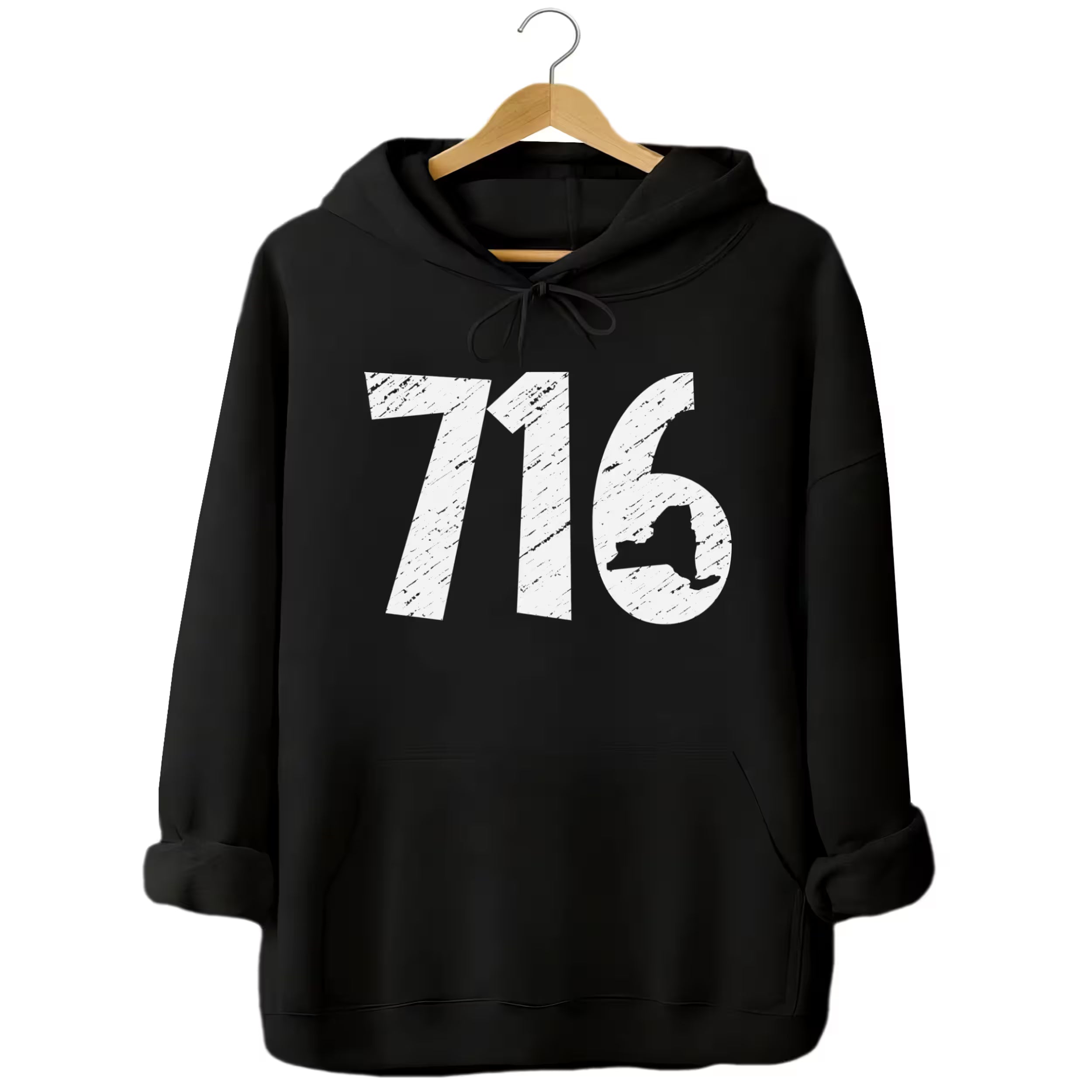 Buffalo NY 716 hoodie in black, distressed white area code numbers with New York shape cutout, bold everyday sweatshirt.