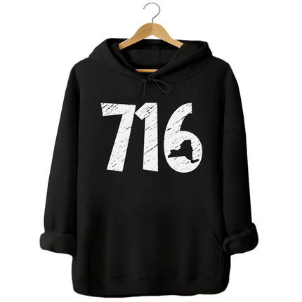 Buffalo NY 716 hoodie in black, distressed white area code numbers with New York shape cutout, bold everyday sweatshirt.