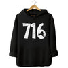 Buffalo NY 716 hoodie in black, distressed white area code numbers with New York shape cutout, bold everyday sweatshirt.
