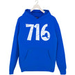 716 Buffalo hoodie in blue, distressed white numbers with NY state cutout design, cozy graphic sweatshirt for locals.