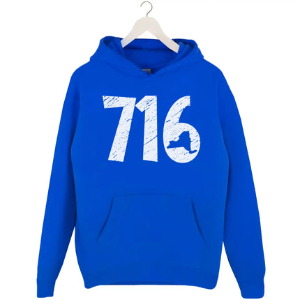 716 Buffalo hoodie in blue, distressed white numbers with NY state cutout design, cozy graphic sweatshirt for locals.