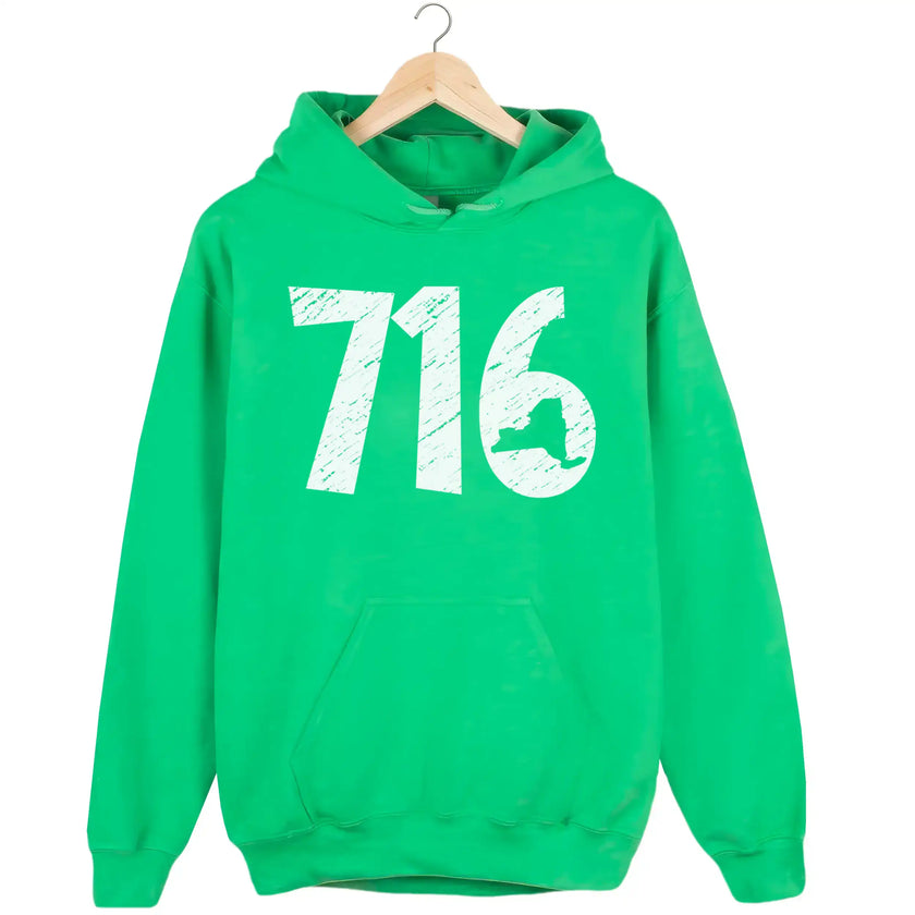 Buffalo NY hoodie in green, distressed 716 numbers with New York state cutout detail, classic local pride sweatshirt.
