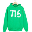 Buffalo NY hoodie in green, distressed 716 numbers with New York state cutout detail, classic local pride sweatshirt.