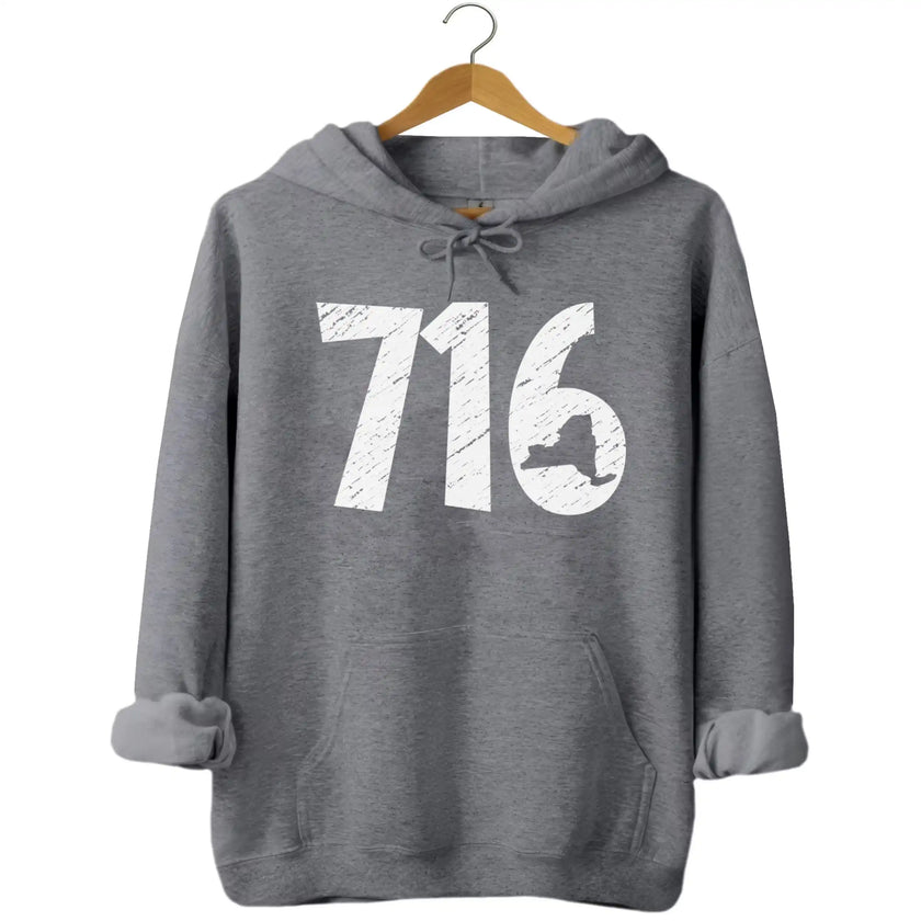 Buffalo 716 hoodie in grey, distressed white numbers with New York state cutout detail, cozy local pride sweatshirt.