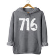 Buffalo 716 hoodie in grey, distressed white numbers with New York state cutout detail, cozy local pride sweatshirt.