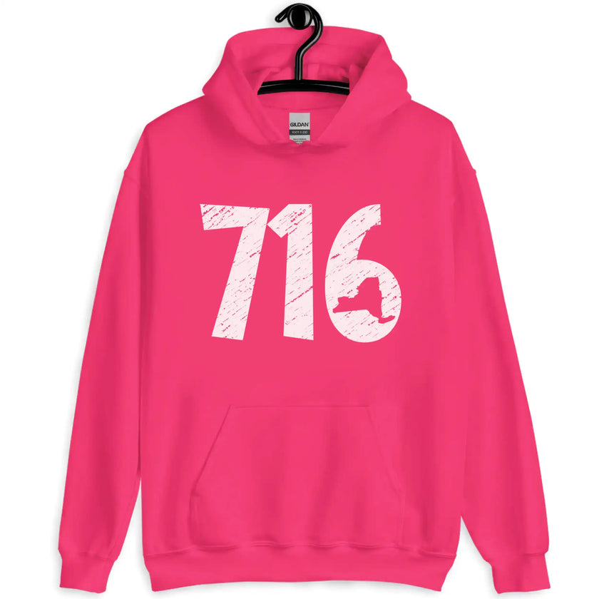 Buffalo NY 716 hoodie in hot pink, distressed white numbers with New York state cutout detail, bold cozy graphic sweatshirt.
