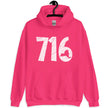Buffalo NY 716 hoodie in hot pink, distressed white numbers with New York state cutout detail, bold cozy graphic sweatshirt.